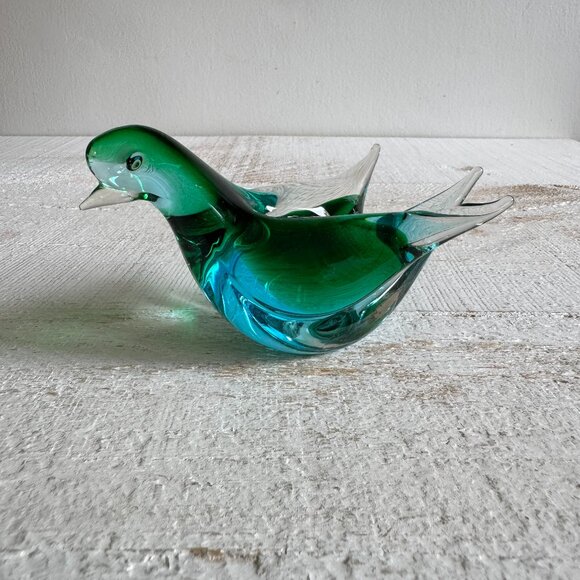 Vintage Glass Bird Paperweight Figurines -Blue Green Glass Bird Glass Decor - Picture 1 of 12
